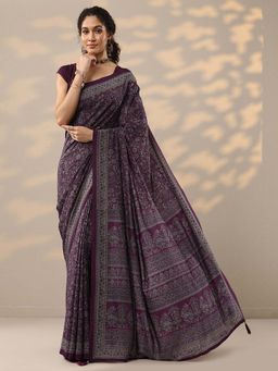Libas - Burgundy Printed Saree with Unstitched Blouse