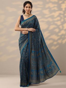 Libas - Blue Printed Saree with Unstitched Blouse