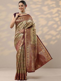 Libas - Gold Woven Saree with Unstitched Blouse