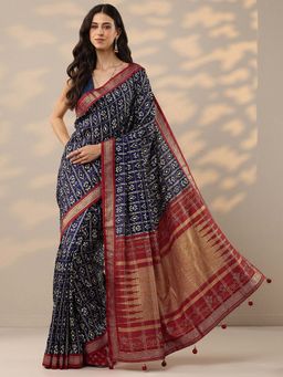 Libas - Navy Blue Printed Saree with Unstitched Blouse