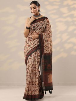 Libas - Beige Printed Saree with Unstitched Blouse