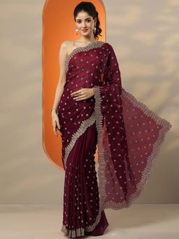 Libas - Maroon Embellished Saree with Unstitched Blouse