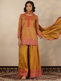 Libas Art - Mustard Embroidered Straight Kurta and Palazzo with Dupatta