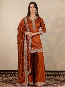 Libas - Brown Embroidered Straight Kurta and Palazzo with Dupatta