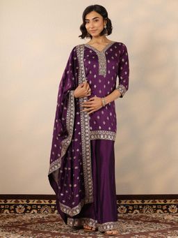 Libas - Purple Embroidered Straight Kurta and Palazzo with Dupatta