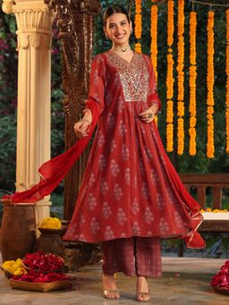 Janasya - Maroon Floral A-Line Kurta and Palazzo with Dupatta