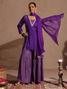 Janasya - Purple Woven Regular Kurta and Sharara with Dupatta