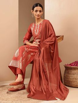 Janasya - Rust Floral Regular Kurta and Pant with Dupatta