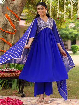 Janasya - Blue Embroidered A-Line Kurta and Palazzo with Dupatta