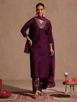 Janasya - Purple Embroidered Relaxed Kurta and Palazzo with Dupatta