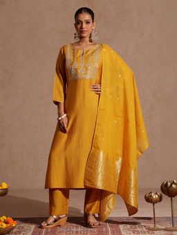 Janasya - Mustard Embroidered Regular Kurta and Pant with Dupatta