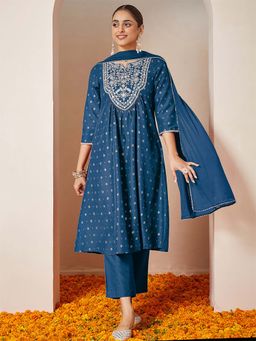 Janasya - Teal Embroidered Regular Kurta and Palazzo with Dupatta