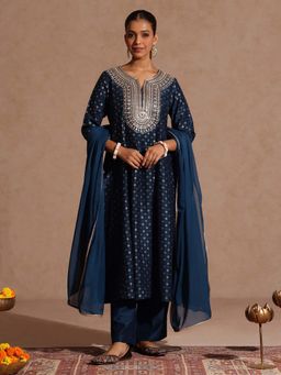 Janasya - Teal Embroidered Regular Kurta and Palazzo with Dupatta