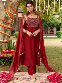 Janasya - Maroon Embroidered A-Line Kurta and Pant with Dupatta