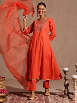 Janasya - Orange Embroidered Regular Kurta and Pant with Dupatta