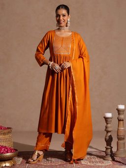 Janasya - Mustard Solid A-Line Kurta and Pant with Dupatta