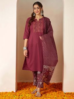 Janasya - Burgundy Printed Regular Kurta and Pant with Dupatta