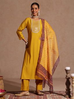 Janasya - Yellow Embroidered Regular Kurta and Pant with Dupatta
