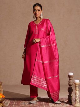 Janasya - Pink Solid Regular Kurta and Pant with Dupatta