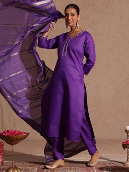 Janasya - Purple Solid Regular Kurta and Pant with Dupatta