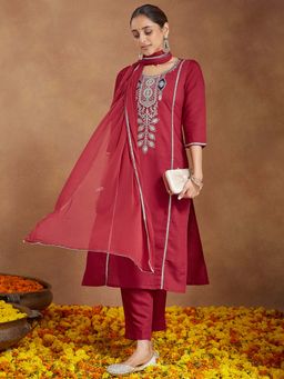 Janasya - Maroon Embroidered Regular Kurta and Pant with Dupatta