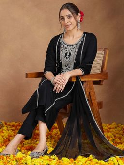 Janasya - Black Embroidered Regular Kurta and Pant with Dupatta