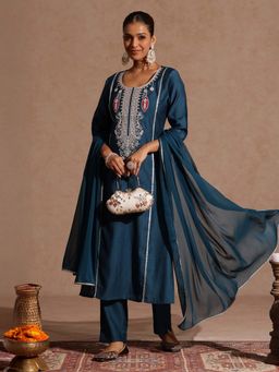 Janasya - Teal Embroidered Regular Kurta and Pant with Dupatta