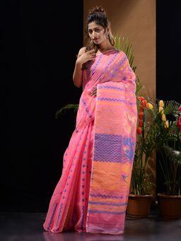 CHARUKRITI - Pink Handwoven Saree with Chevron Patterns & Bird Motifs