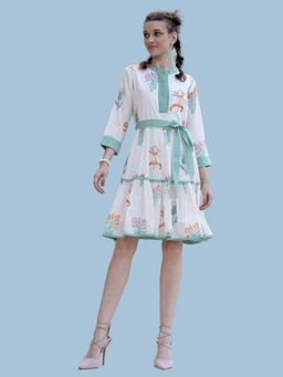 KAFTANIZE - White Bold Floral Printed Knee Length Dress with Belt In Cotton Voile (Set of 2)