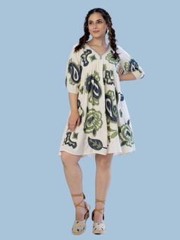 KAFTANIZE - Off White With Paisley & Flower Embroidered Knee Length Dress In Cotton