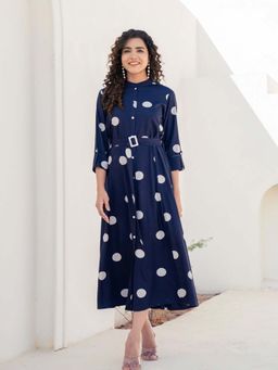 KAFTANIZE - Navy Big Polka Dot Print Midi Dress with Belt In Viscose (Set of 2)