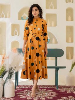 KAFTANIZE - Mustard Big Polka Dot Print Midi Dress with Belt In Viscose (Set of 2)