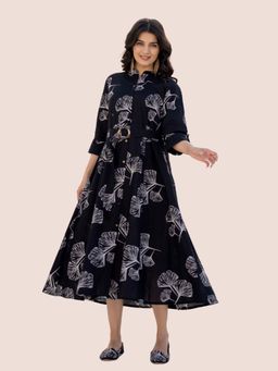 KAFTANIZE - Black Bold Ginkgo Leaf Print Midi Dress with Belt In White Viscose (Set of 2)