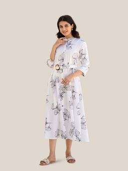 KAFTANIZE - White Bold Ginkgo Leaf Print Midi Dress with Belt In Black Viscose (Set of 2)