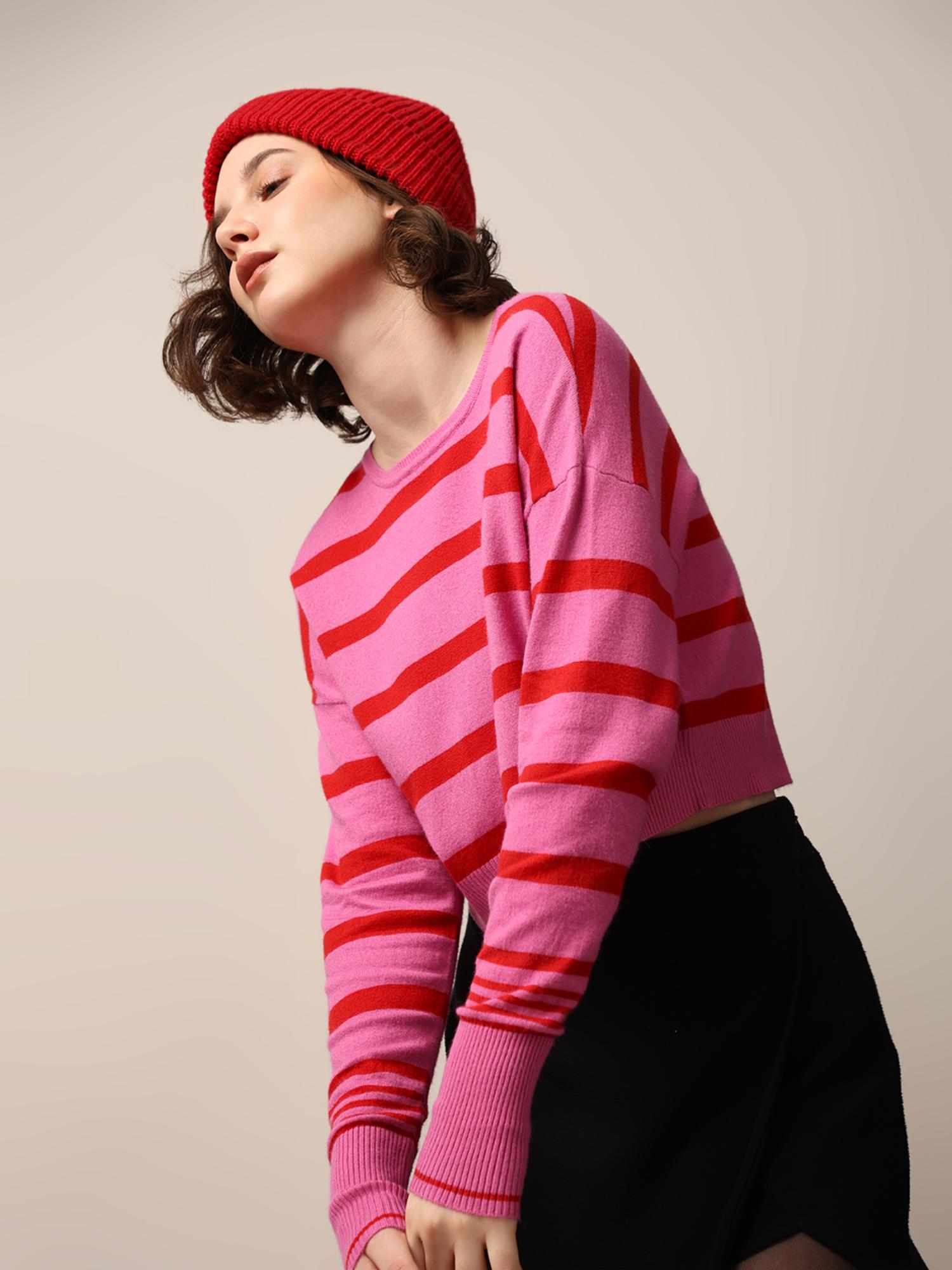Women Regular Fit Pink & Red Sweater-image-45