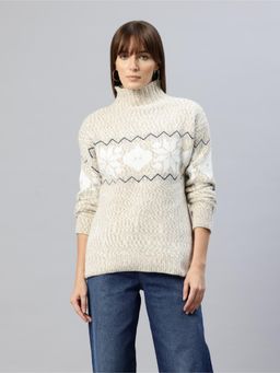 Pierre Carlo - Womens Beige Self Design Sweater