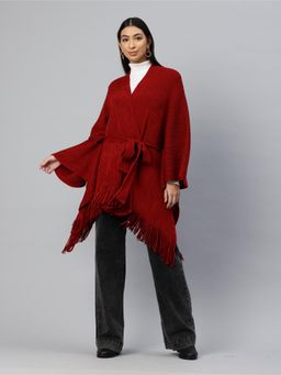 Pierre Carlo - Womens Maroon Self Design Sweater with Belt (Set of 2)