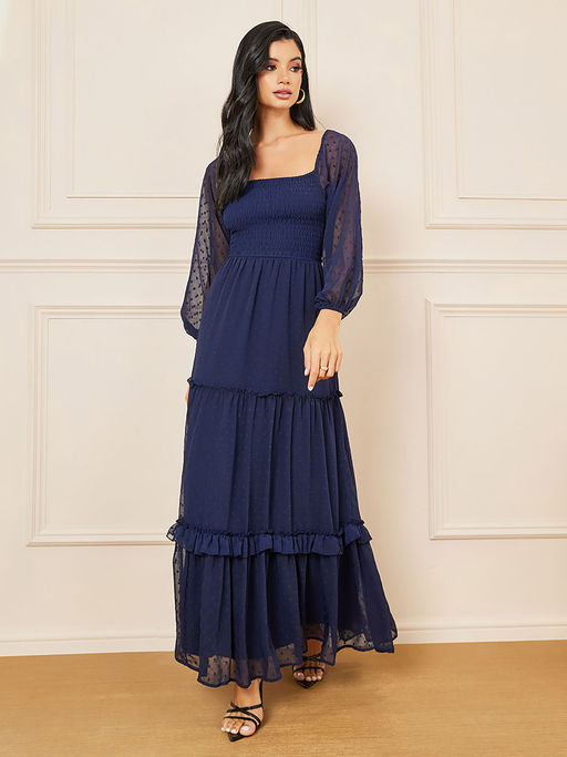 knee length dresses for ladies Navy-Blue Short Sleeves Sequinned Fit and Flare Maxi Dress for Women main image 1