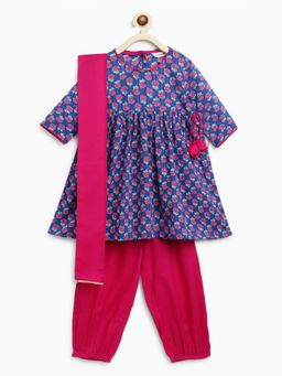 Campana - Girls Ragini Kurta With Afghani Pants & Dupatta Blue (Set of 3)
