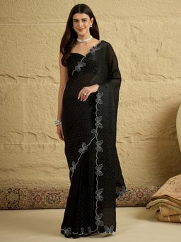 Sareemall - Women's Satin Black Embellished Party Wear Saree with Unstitched Blouse