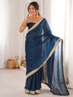 Sareemall - Women's Satin Navy Blue Embroidered Party Wear Saree with Unstitched Blouse