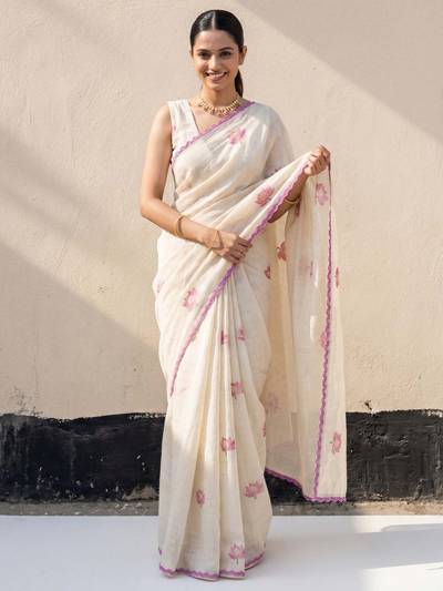 Women's Cotton Off White Woven Design Party Wear Saree with Unstitched Blouse