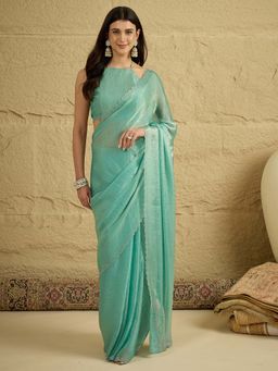 Sareemall - Women's Chiffon Sea Green Embellished Party Wear Saree with Unstitched Blouse