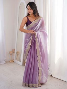 Akhilam - Women's Satin Lavender Embellished Party Wear Saree with Unstitched Blouse