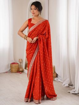 Sareemall - Women's Vichitra Silk Rust Digital Printed Party Wear Saree with Unstitched Blouse