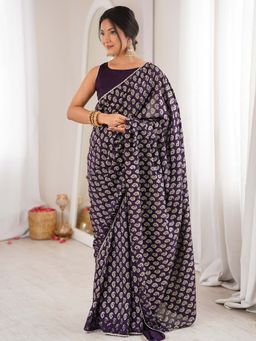 Sareemall - Women's Vichitra Silk Purple Digital Printed Party Wear Saree with Unstitched Blouse