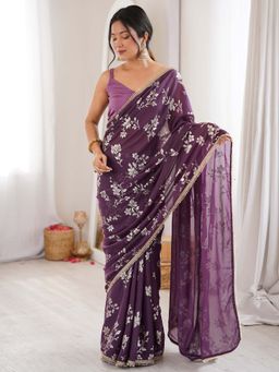 Sareemall - Women's Purple Digital Floral Printed Party Wear Saree with Unstitched Blouse