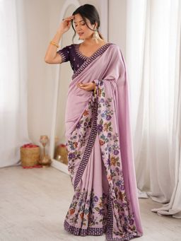 Sareemall - Women's Satin Lavender Digital Floral Printed Party Wear Saree with Unstitched Blouse