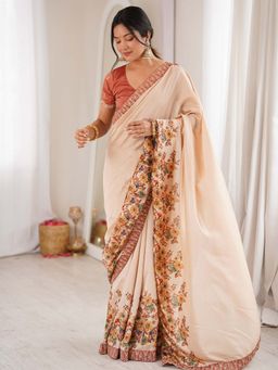 Sareemall - Women's Satin Cream Digital Printed Party Wear Saree with Unstitched Blouse