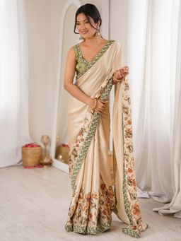Sareemall - Women's Satin Cream Digital Printed Party Wear Saree with Unstitched Blouse